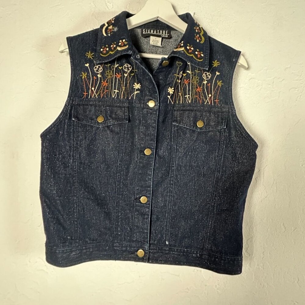 Vintage Signature By Jerell Womens Embroidered Denim Vest Boho Floral Size Small
